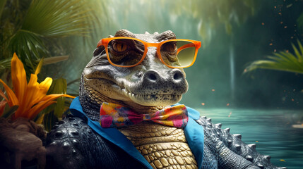 close up of a crocodile alligator funny with glasses desktop wallpaper - Powered by Adobe