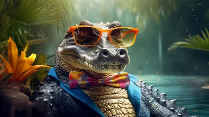 Zelfklevend Fotobehang close up of a crocodile alligator funny with glasses desktop wallpaper © Volodymyr