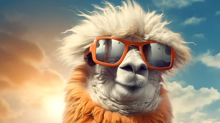 Zelfklevend Fotobehang smiling funny lama camel with glasses desktop wallpaper © Volodymyr