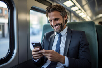 Handsome businessman in a suit using his smartphone finance app, for managing investments and conducting online trading, while traveling in a train.  - obrazy, fototapety, plakaty