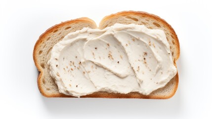 Morning indulgence! Showcase the tempting combination of bread and creamy cheese, top view on a white backdrop. Ideal for promoting delicious breakfast options - obrazy, fototapety, plakaty