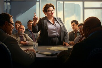 Plus size female manager in her 50s working in a suit and leading a meeting. Colleagues sitting around her