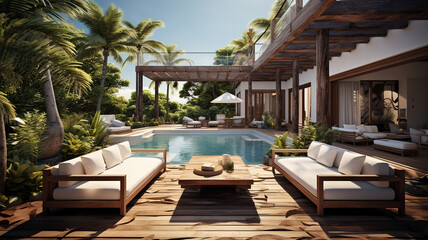 Fototapeta na wymiar Pool in resort, terrace with sofas and sun loungers by the pool. Generative AI
