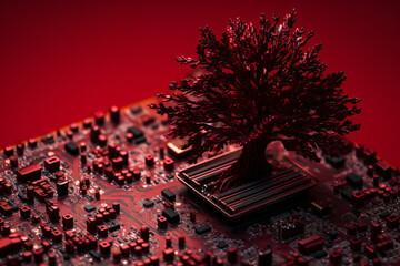  small tree on computer circuit red background