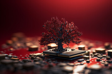  small tree on computer circuit red background