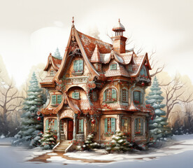 Fototapeta na wymiar Magical gingerbread Christmas house in the forest. illustration on white background