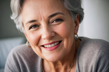 Studio beauty portrait of happy, laughing beautiful gorgeous mid age elderly senior model. Concept of active age