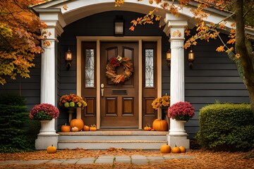 Autumn decorations on the front entrance step and an autumn wreath on the door's brown color 