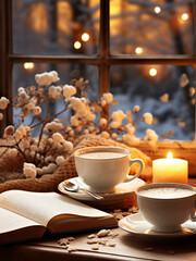Obraz na płótnie Canvas Cozy Winter Afternoon: Coffee and Book by the Snowy Window