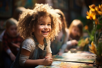 little curly girl artist. Adorable multiethnic children paint with paints in kindergarten or art workshop. - obrazy, fototapety, plakaty