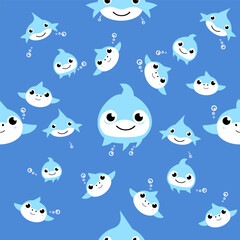 Seamless pattern cute sharks cartoon on blue sea background. Flat vector illustration.