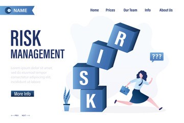 Risk management, landing page template. Businesswoman run away from unbalanced pyramid of cubes with text - RISK. Financial management, balance of income and risks.