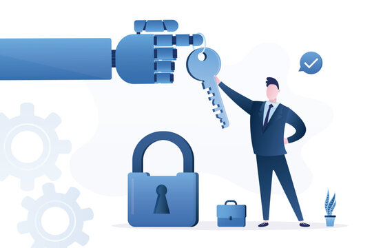 Giant robot hand give key to success. Chat bot helps to achieve victory, open way to goals and improve skills. Chatbot support businessman open lock of problem