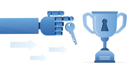 Giant robot hand holds key to success. Chat bot helps to achieve victory, open way to goals and rewards. Modern technology in business and sports helps to achieve targets and receive an award.