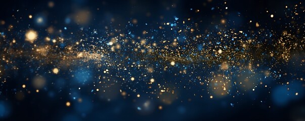 Fototapeta premium Shimmering Cosmos: Abstract Glitter Lights in Blue, Gold, and Black. De-focused, Bokeh Elegance for Web Banners and Designs, Wide Size