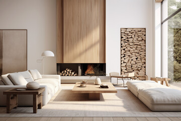 modern living room with wooden furniture and a fireplace