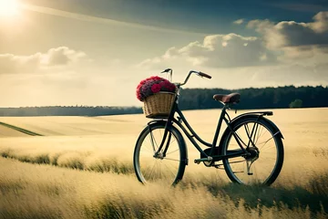 Rolgordijnen Vintage bicycle with basket full of flowers standi ... © Muhammad