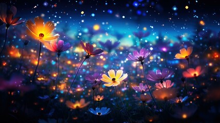 Colorful and futuristic flowers emitting neon lights.