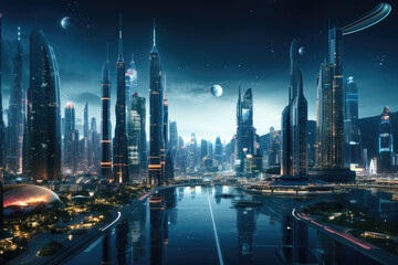 A futuristic cityscape from a science fiction film, reflecting the genre's exploration of the unknown. Generative Ai.