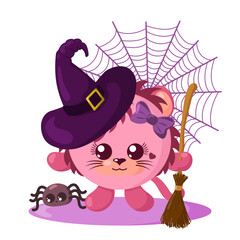 Funny cute kawaii Halloween lioness with witch hat, spider web, broom and spider in flat design with shadows. Isolated animal vector illustration