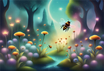 garden with bees and flowers, pastel colors