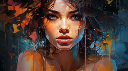Paint dripping effects added to oil painting female face paintings.