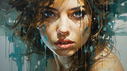 Paint dripping effects added to oil painting female face paintings. - obrazy, fototapety, plakaty