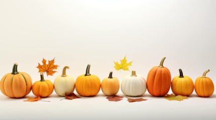 Background image decorated with pumpkins and autumn leaves on a white background.