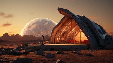 Futuristic houses built on the surface of Mars. - obrazy, fototapety, plakaty