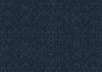Hand-drawn unique abstract symmetrical seamless ornament. Light blue on a deep blue background. Paper texture. Digital artwork, A4. (pattern: p11-1b)