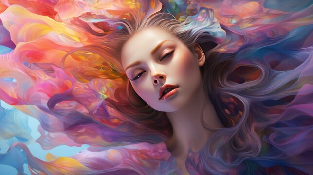 Futuristic painting of a woman with very long and colorful hair.