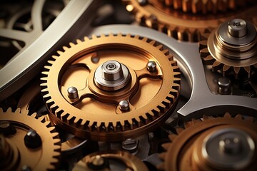Clock mechanism with gears and cogs. Closeup macro shot. Generative Ai