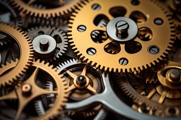 Clock mechanism with gears and cogs. Closeup macro shot. Generative Ai