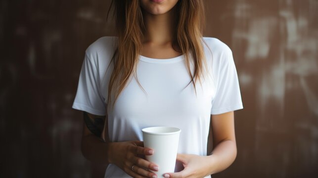 Female model holding a paper cup.