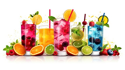 Alcoholic and nonalcoholic cocktails with fruits and berries Summer cooling drinks Cocktail set isolated on white background - obrazy, fototapety, plakaty