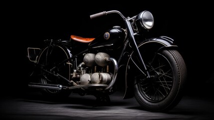 A black motorcycle is parked in a dark room.
