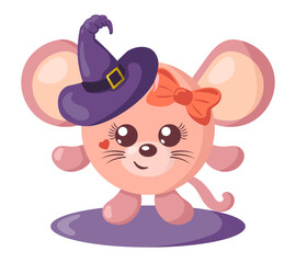 Funny cute kawaii Halloween mouse with witch hat in flat design with shadows. Isolated animal vector illustration 