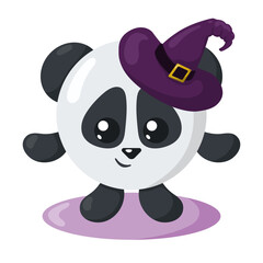 Funny cute kawaii Halloween panda bear with witch hat in flat design with shadows. Isolated animal vector illustration	