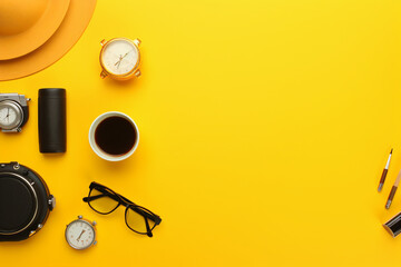 travel supplies isolated on yellow color background