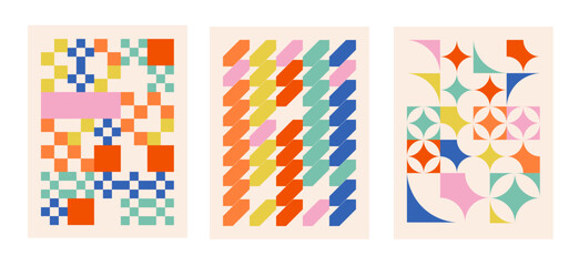 Geometric isolated posters in bauhaus style. Colorful abstract shapes backgrounds. Swiss design aesthetic  on transparent background.