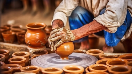 Crafting Beauty - A Potter's Artistry in Ceramic Dish Making. Generative AI - obrazy, fototapety, plakaty