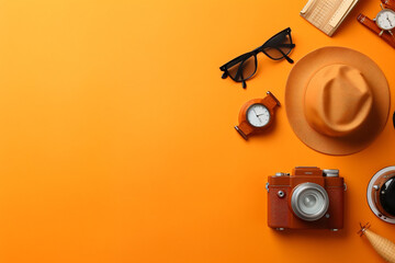 travel supplies isolated on an orange color background