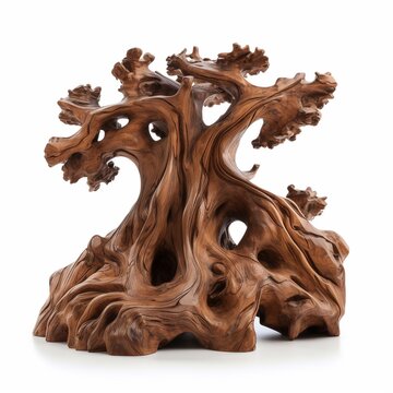 Wood carving art of a tree, 3d wood sculpture of tree art isolated on white.