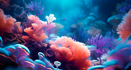 Seabed with anemones and corals. Climate change and environment.