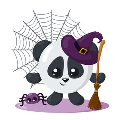 Funny cute kawaii Halloween panda bear with witch hat, spider web, broom and spider in flat design with shadows. Isolated animal vector illustration 