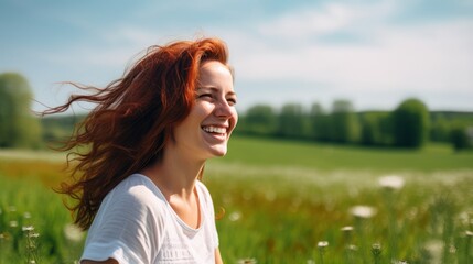 Redhead woman laughs in a field; a union of youthful energy and eco-friendly themes. A burst of color and sentiment. Ideal for eco-focused brand narratives.