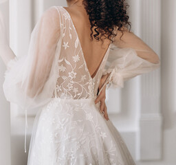 Gorgeous wedding backless dress with stylish elegance sleeves and corset with buttons and floral...