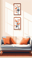 A modern sofa stands near the wall, there are paintings on the wall, light and shadow from the window, illustration