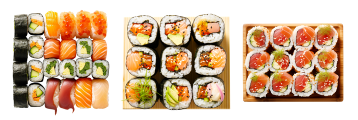 Sushi Rolls Isolated cutout on transparent background, Japanese foods, maki isolated background. Perfect for using in food commercial,