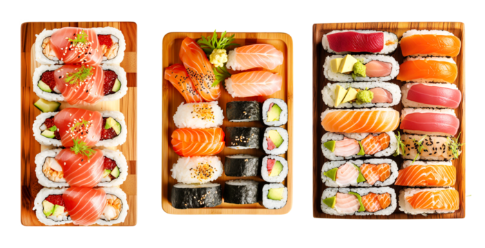Sushi Rolls Isolated cutout on transparent background, Japanese foods, maki isolated background. Perfect for using in food commercial, - Powered by Adobe